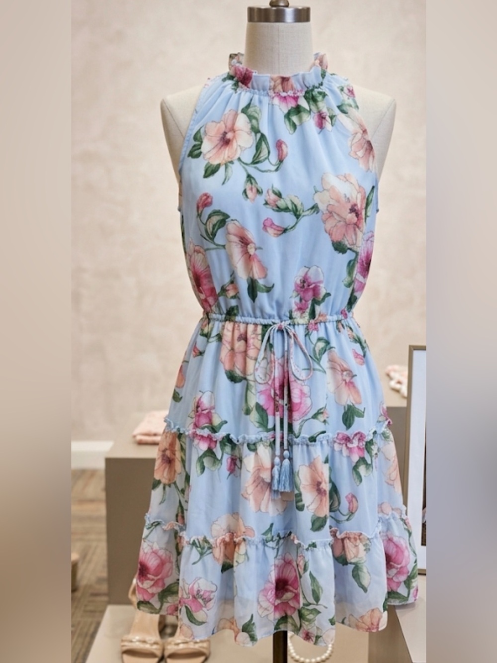 PLUS SZ. Beautiful Light Blue Floral Halter Tiered Sundress